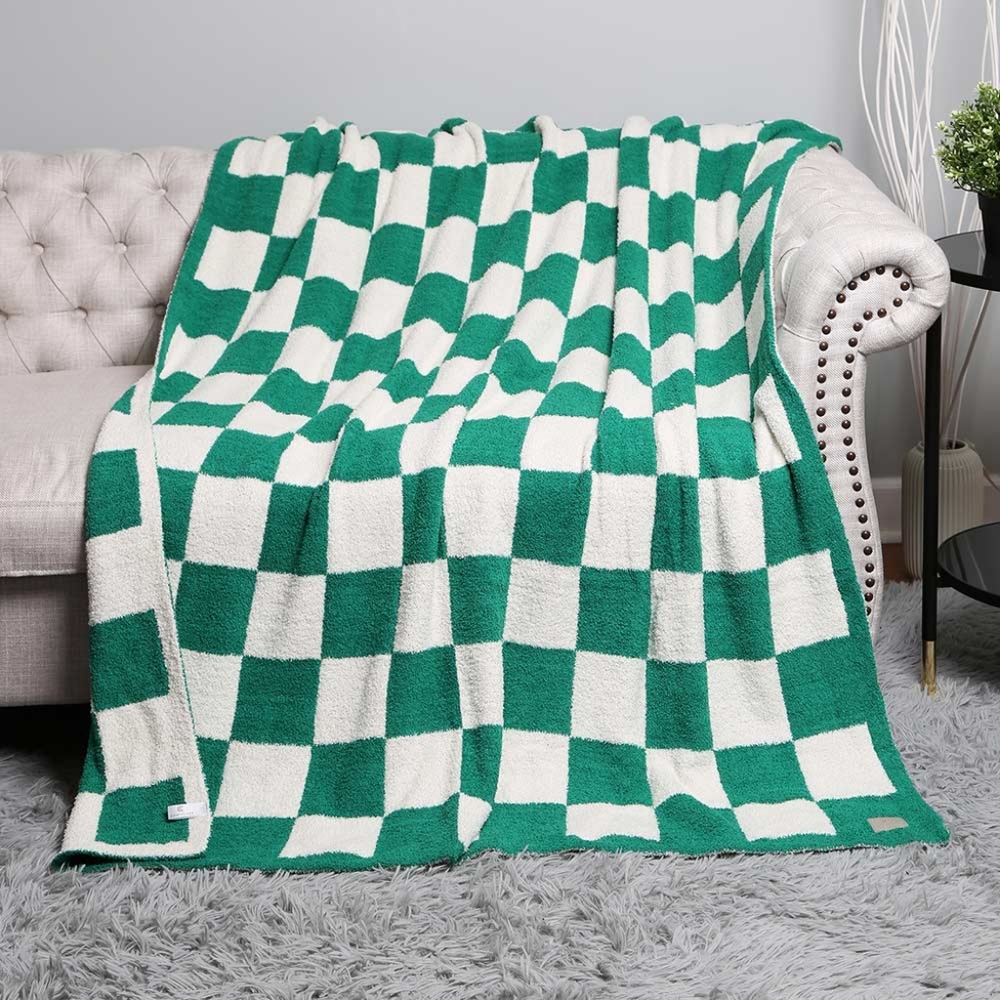 Green CheckerBoard Patterned Two Tone Blanket Design Reversible Throw - Picture 3 of 5